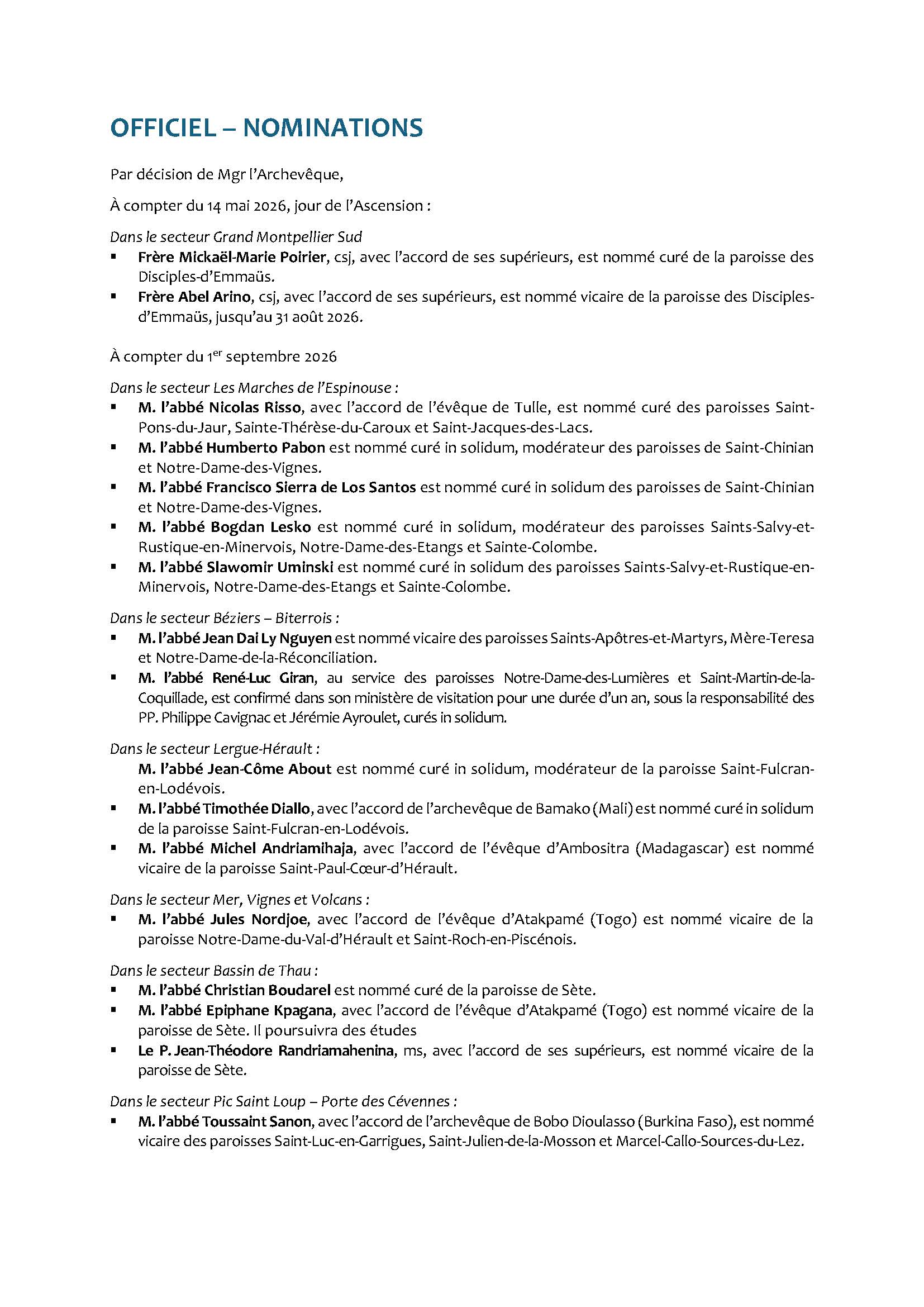 Nominations Mai 2026